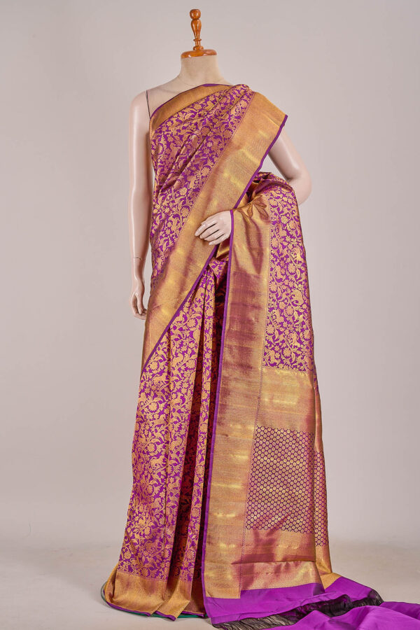 Kanchipuram silk dark violet purple saree with blouse