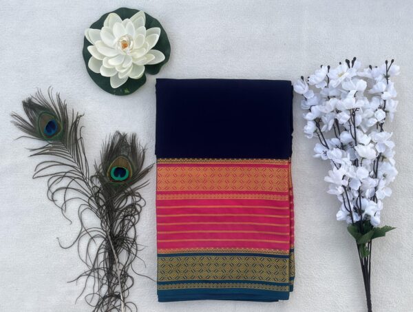 Semi Mysore Silk Saree-Navy Blue -pink-Blue 3D