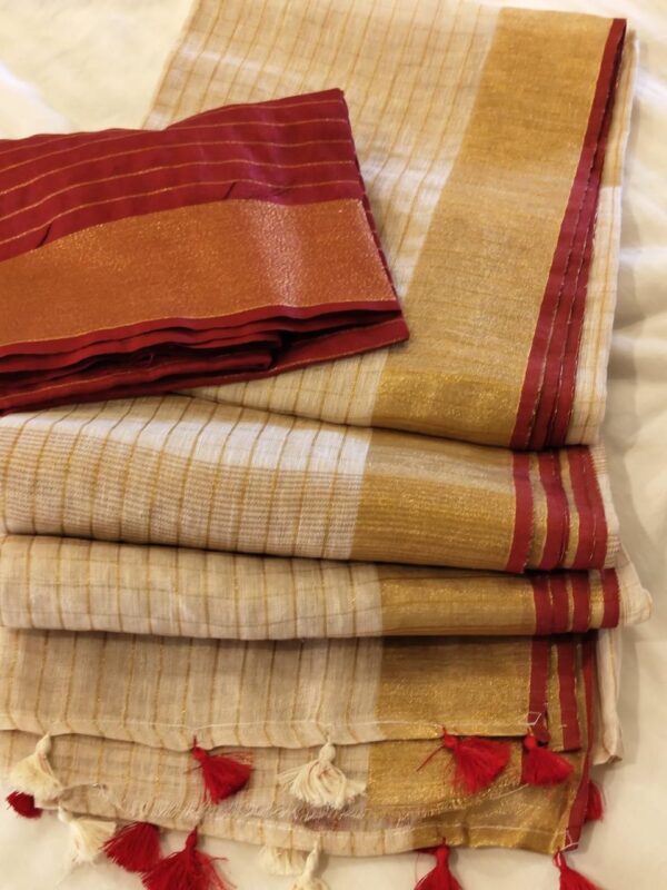 Krishi tapanda draped Linen Cream Marron Saree-A110 - Image 2
