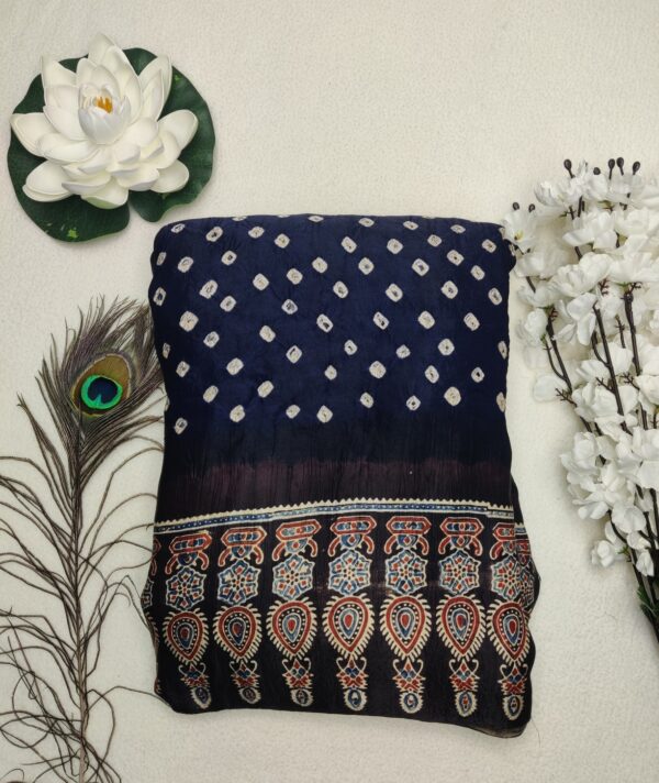 Pure Modal Silk Handblock Ajrakh print with Bandini-Navy Blue