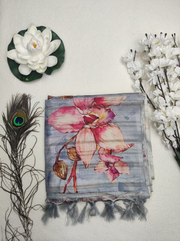 Tussar silk with digital floral print - Grey