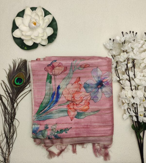 Tussar silk with digital floral print - Mustard -Pink