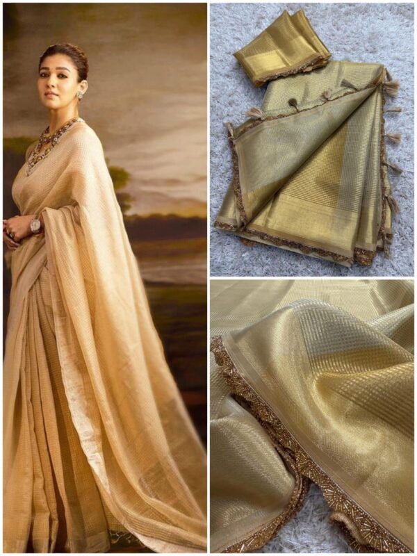Nayantara Inspired Golden Tissue saree-AA111 - Image 2