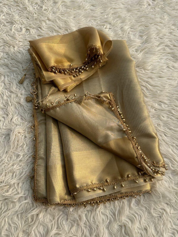 Nayantara Inspired Golden Tissue saree-with beads tassels at the border-TS103