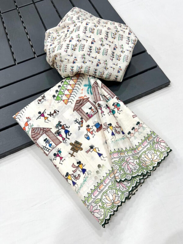 White Warli Art Raw silk Saree-A108 - Image 2