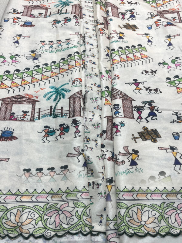 White Warli Art Raw silk Saree-A108 - Image 3