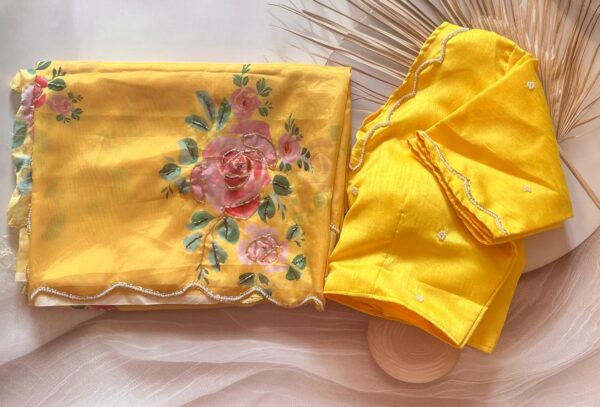 Soft Organza Yellow floral print saree-AY107