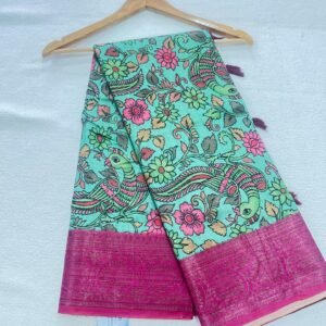 Soft Silk with Kalamkari Print - Sea Green Pink- ASUS060105