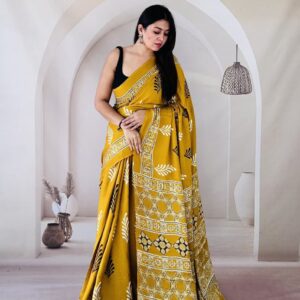 Pure Modal Silk Handblock Ajrakh print-Mustard -ASBH020225