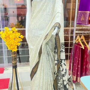 Semi Dola Silk Saree (Black White)- ASKS110069