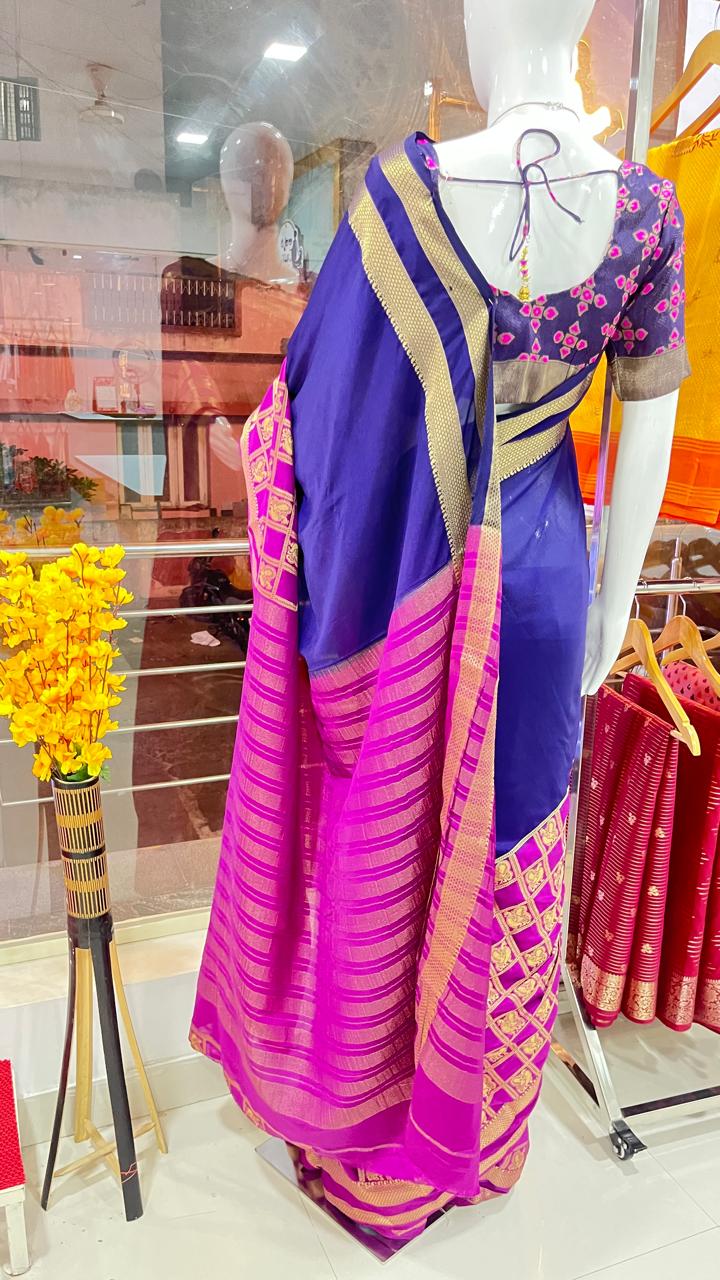 Semi Crepe Silk Saree - Navy Blue Purple - ASVD130139 - Image 2