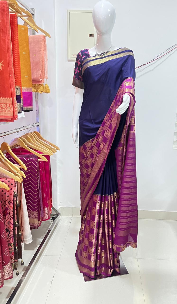 Semi Crepe Silk Saree - Navy Blue Purple - ASVD130139