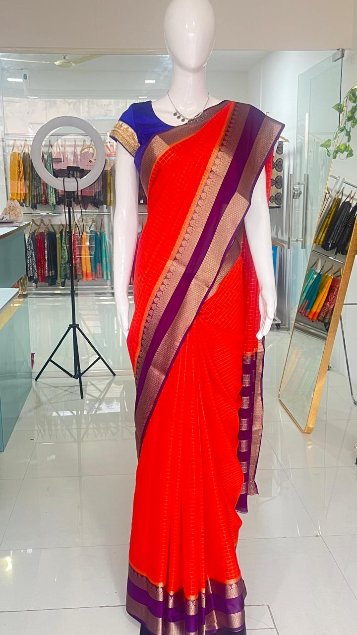 Semi crepe silk saree (Orange Blue)- AS0203