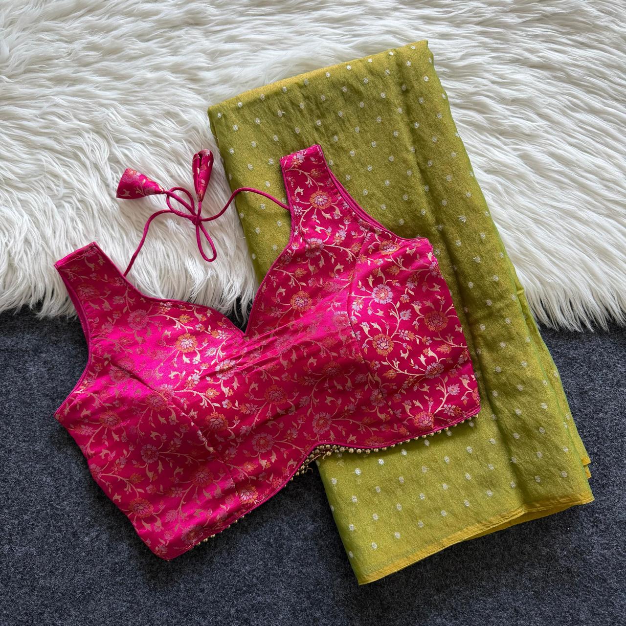 Semi Georgette shimmer saree (Green)- AS0243