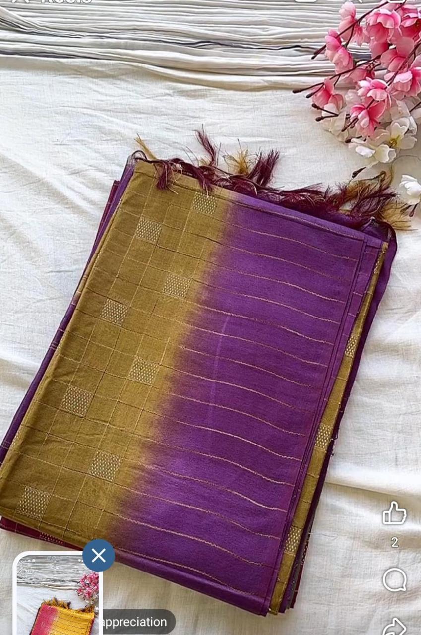 Tussar Silk Zari Cotton saree (Purple Yellow)- AS0247