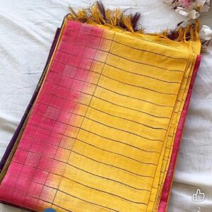 Tussar Silk Zari Cotton saree (Pink Yellow)- AS0247