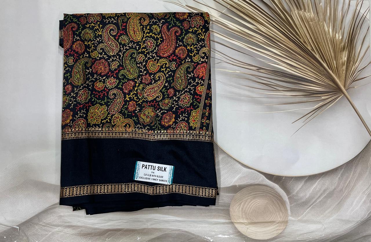Crepe Ajrak Digital Print Saree (Black )- AS0272