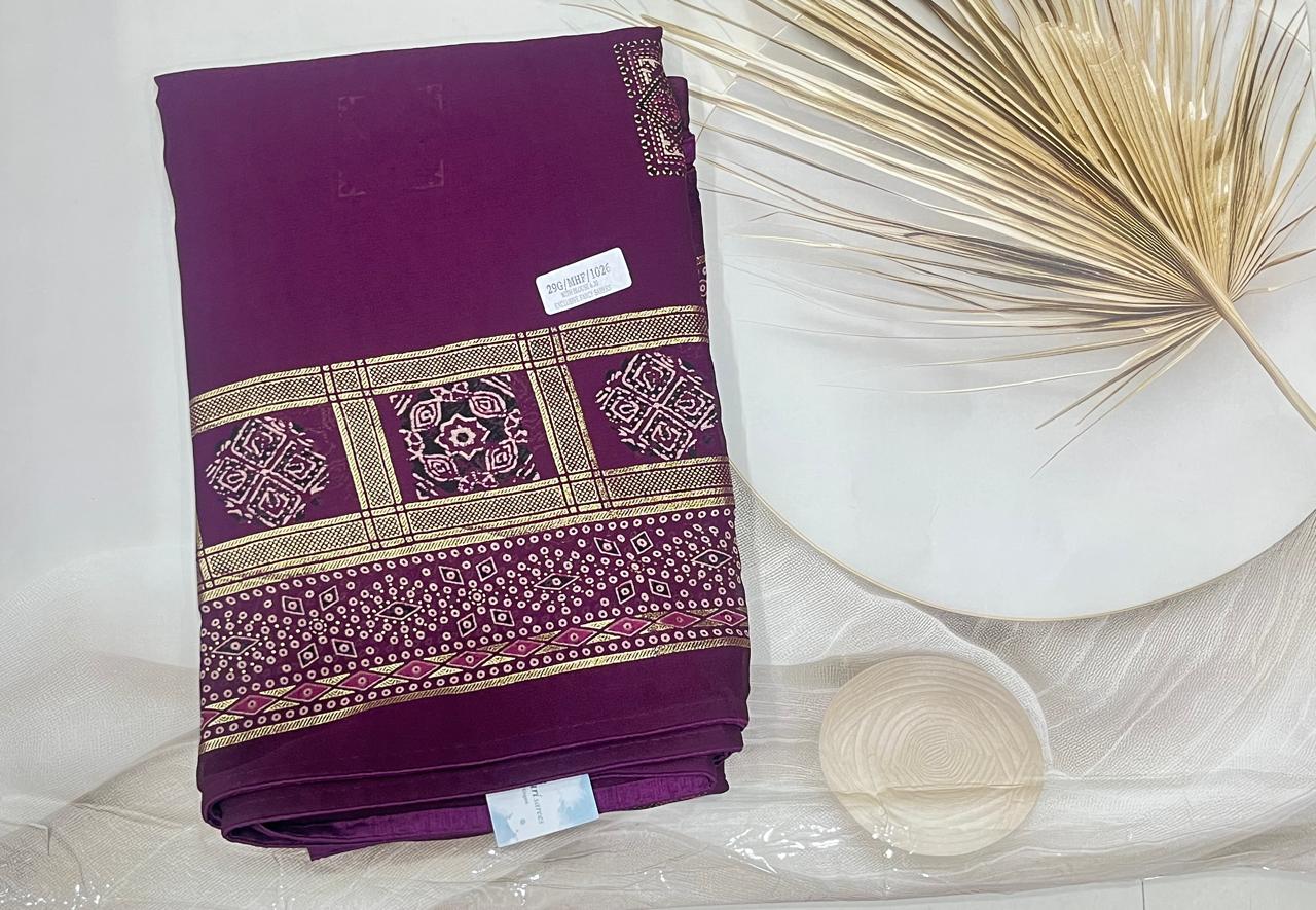 Georgette Ajrak Digital Print Saree (Wine)- AS0270