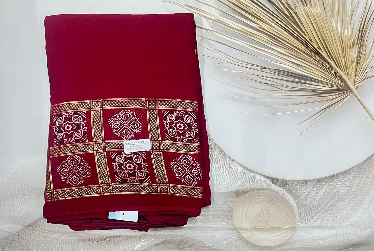 Georgette Ajrak Digital Print Saree (Maroon)- AS0270