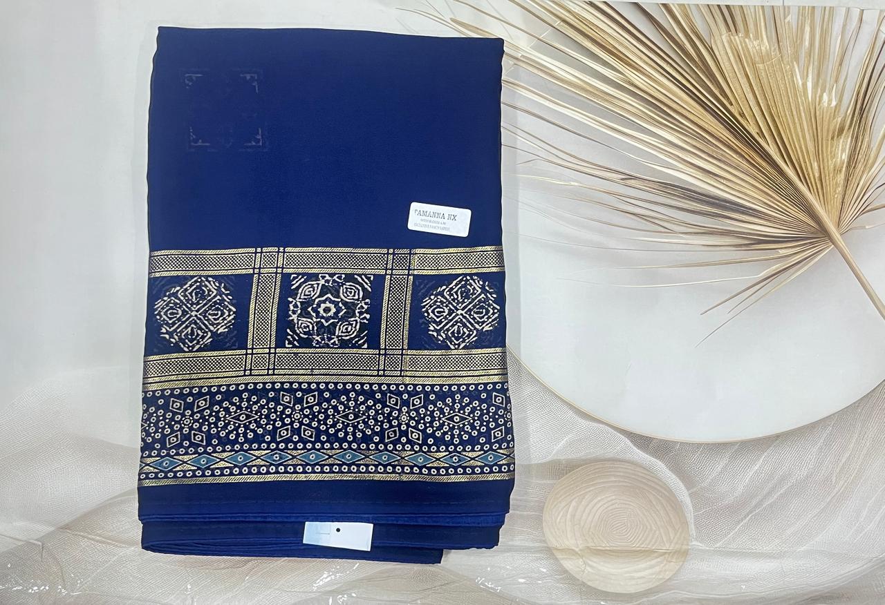 Georgette Ajrak Digital Print Saree (Navy Blue)- AS0270