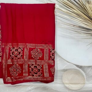 Georgette Ajrak Digital Print Saree (Red)- AS0270