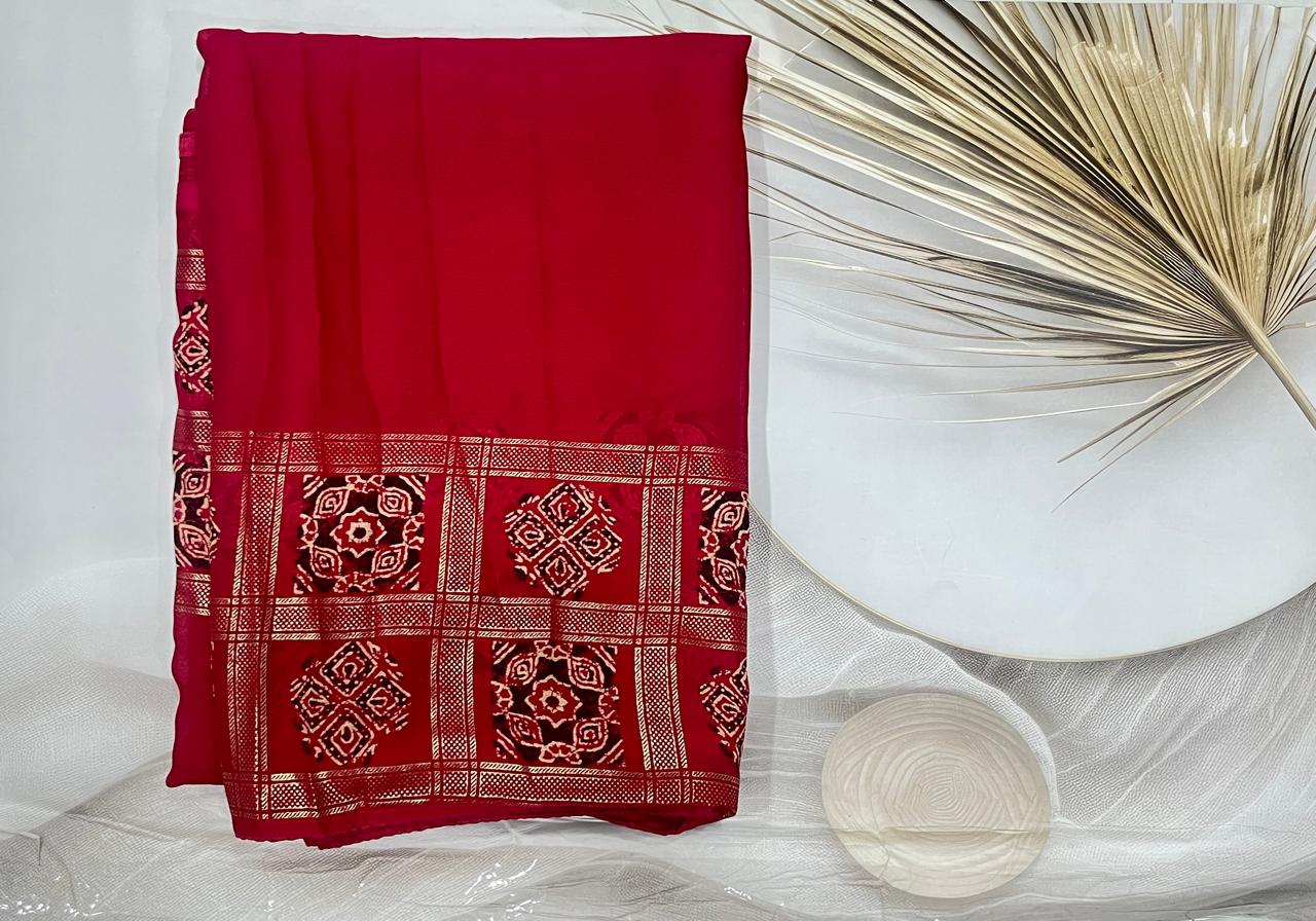 Georgette Ajrak Digital Print Saree (Red)- AS0270