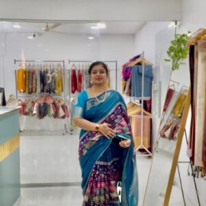 Georgette Pichwai Print Saree (Blue)- AS0260