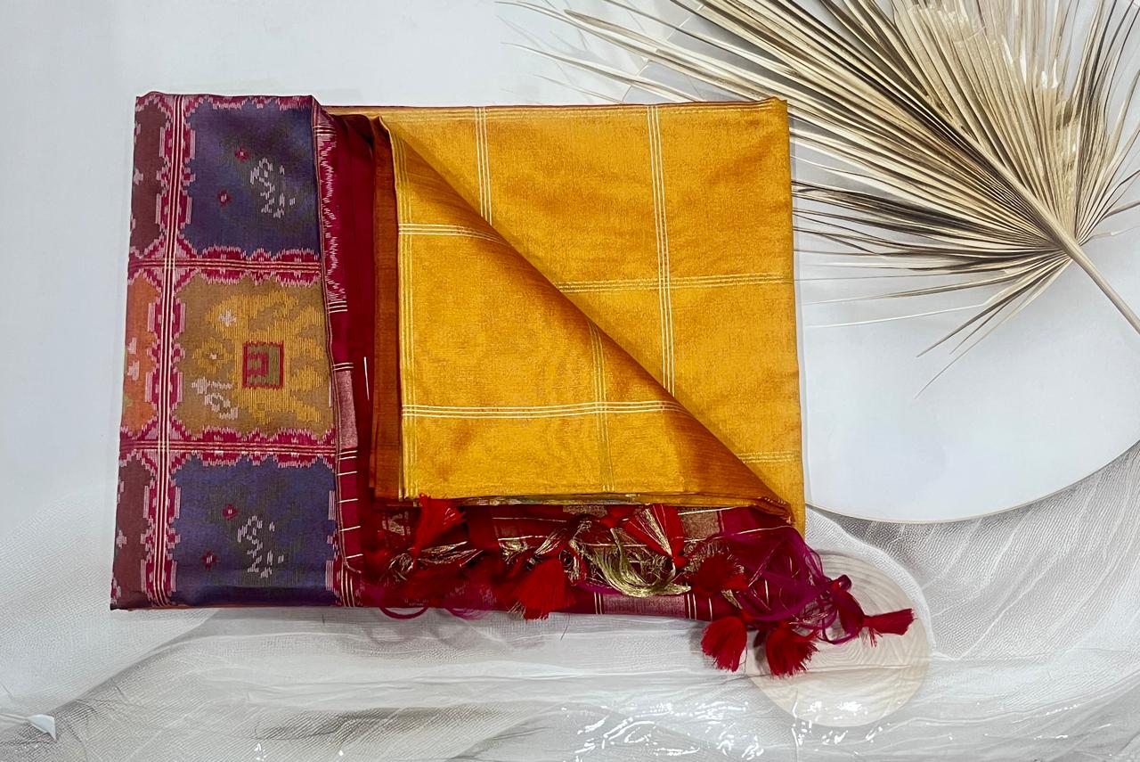 Cotton Silk ikkat saree ( Golden Yellow)- AS0264 - Image 2