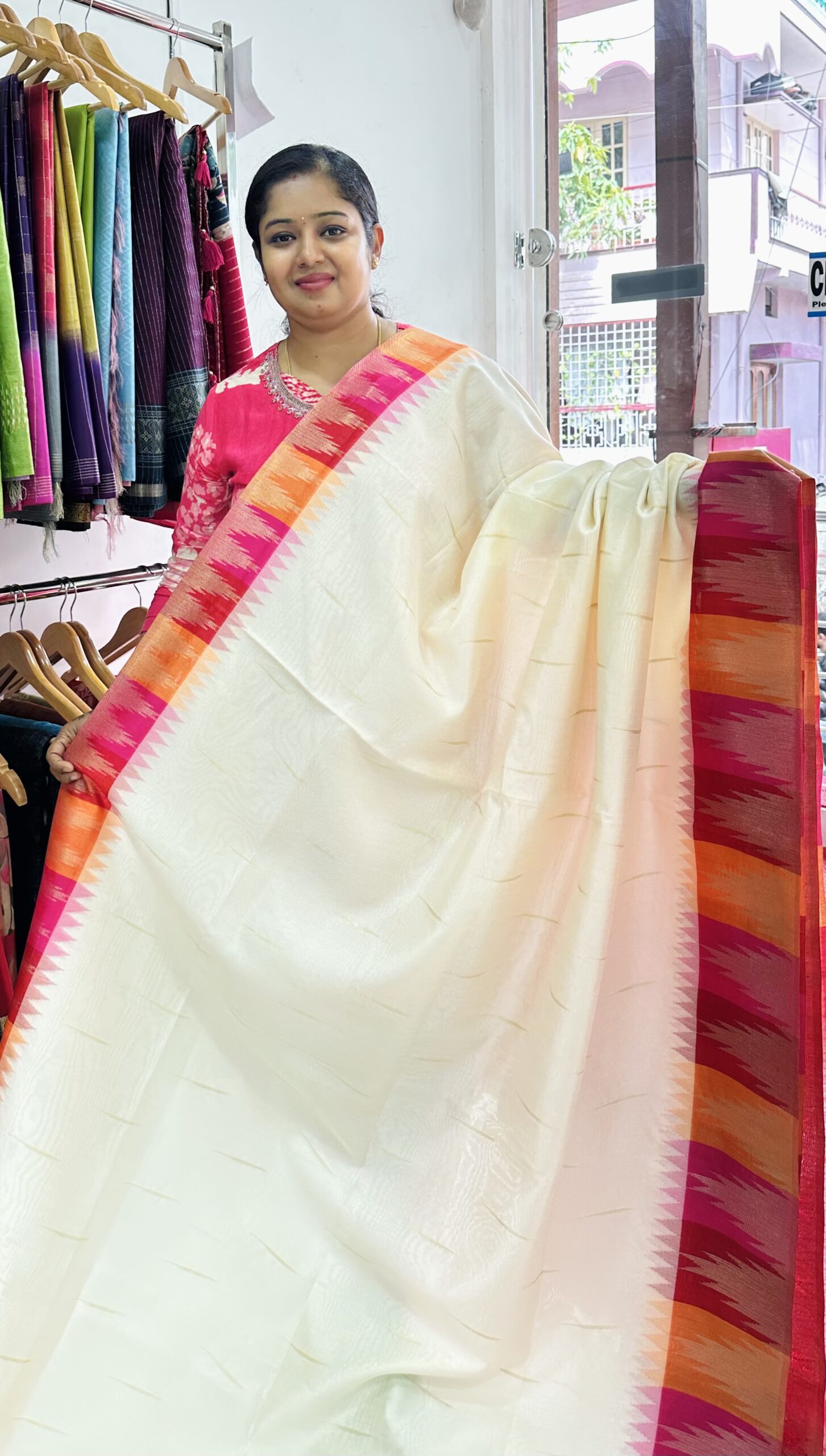Cotton Silk Saree ( Cream And Red)- AS0265