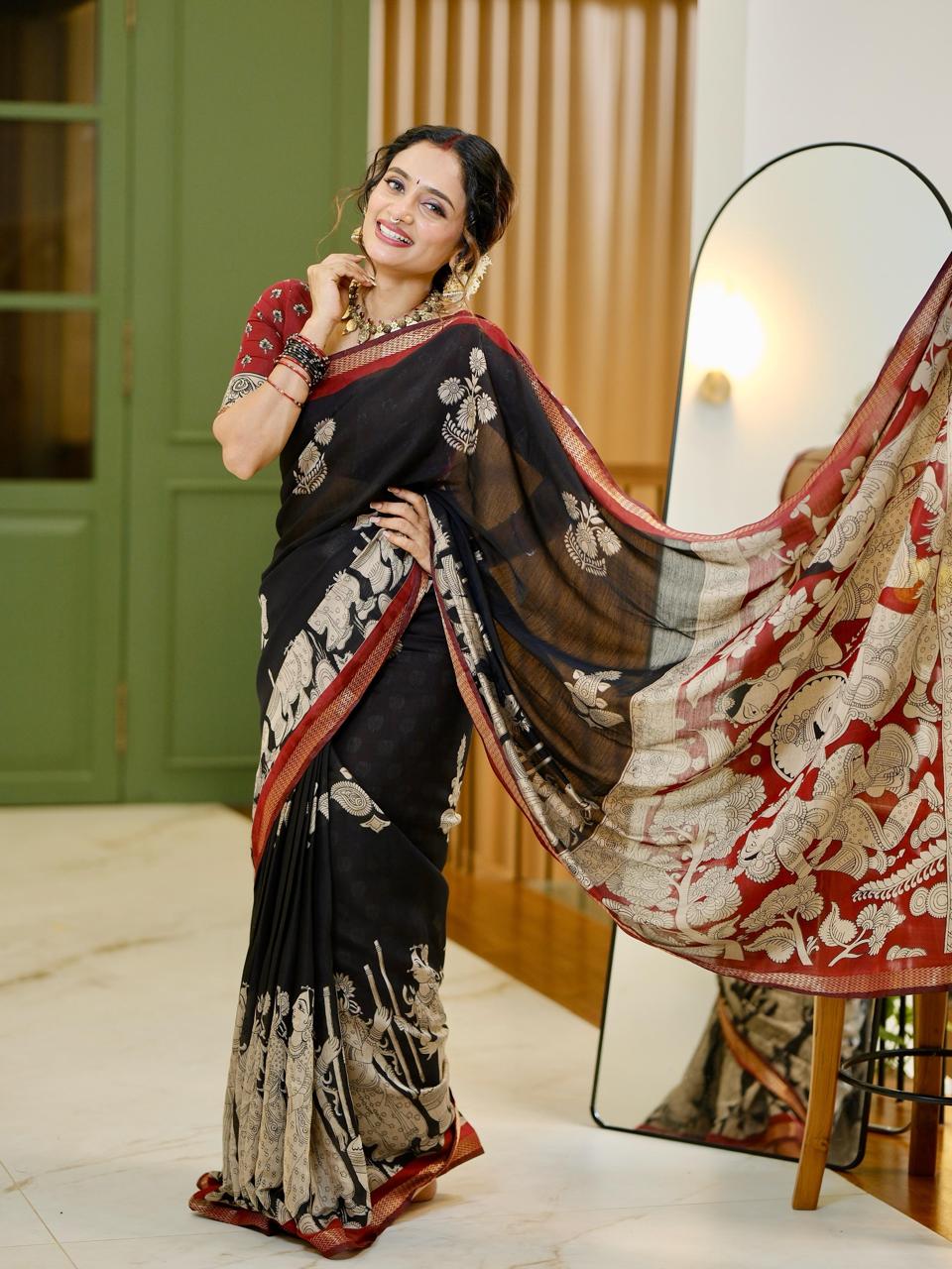 Mull Cotton Kalamkari (Black)-AS0292